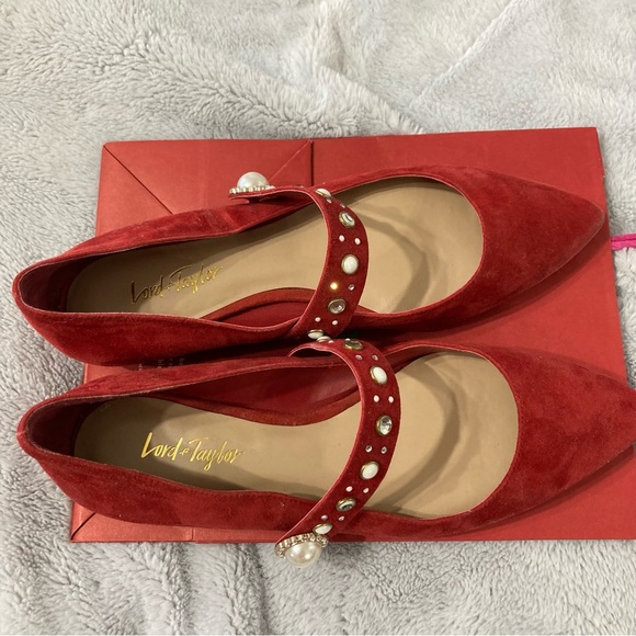 Lord &Taylor size 6.5 Red Suede Flats with Stones on Strap Good Condition - Picture 8 of 12